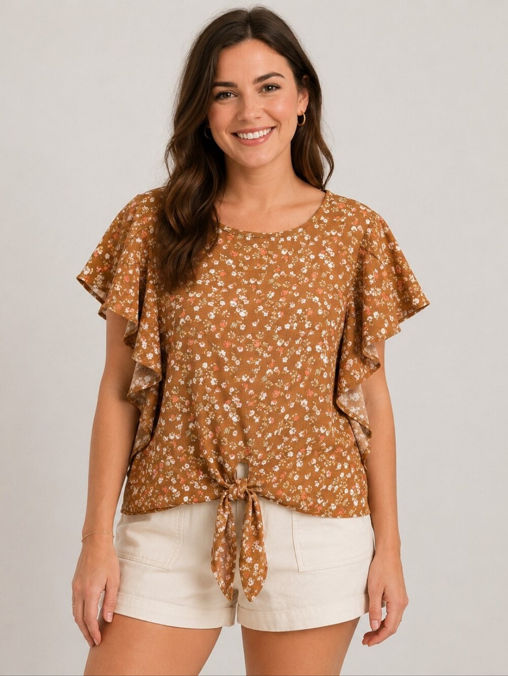 Morning Kisses Floral Flutter Sleeve Tie Front Blouse Tan Large NWT A61